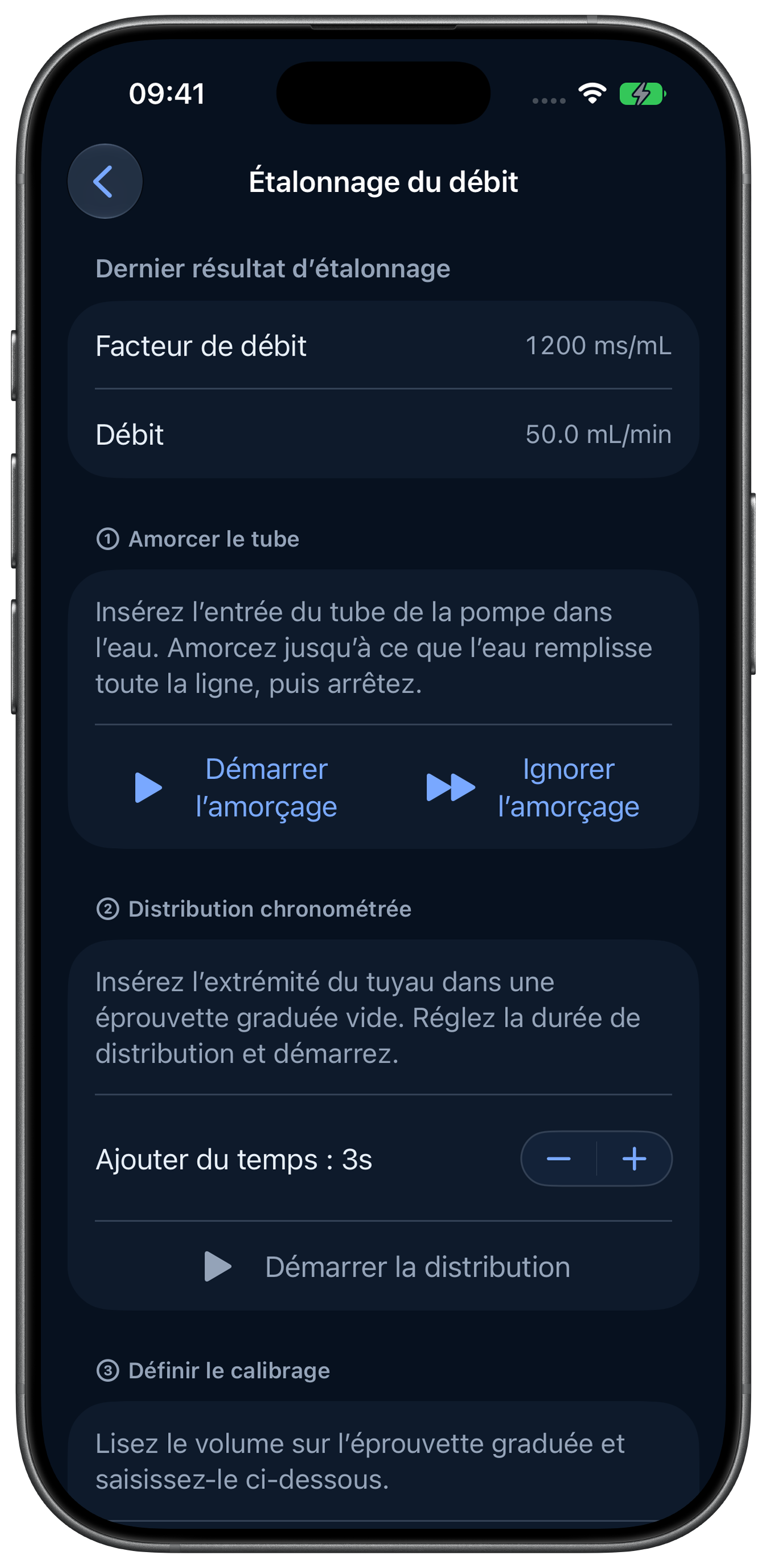 Parcours d’étalonnage du débit dans Rheon en mode sombre
