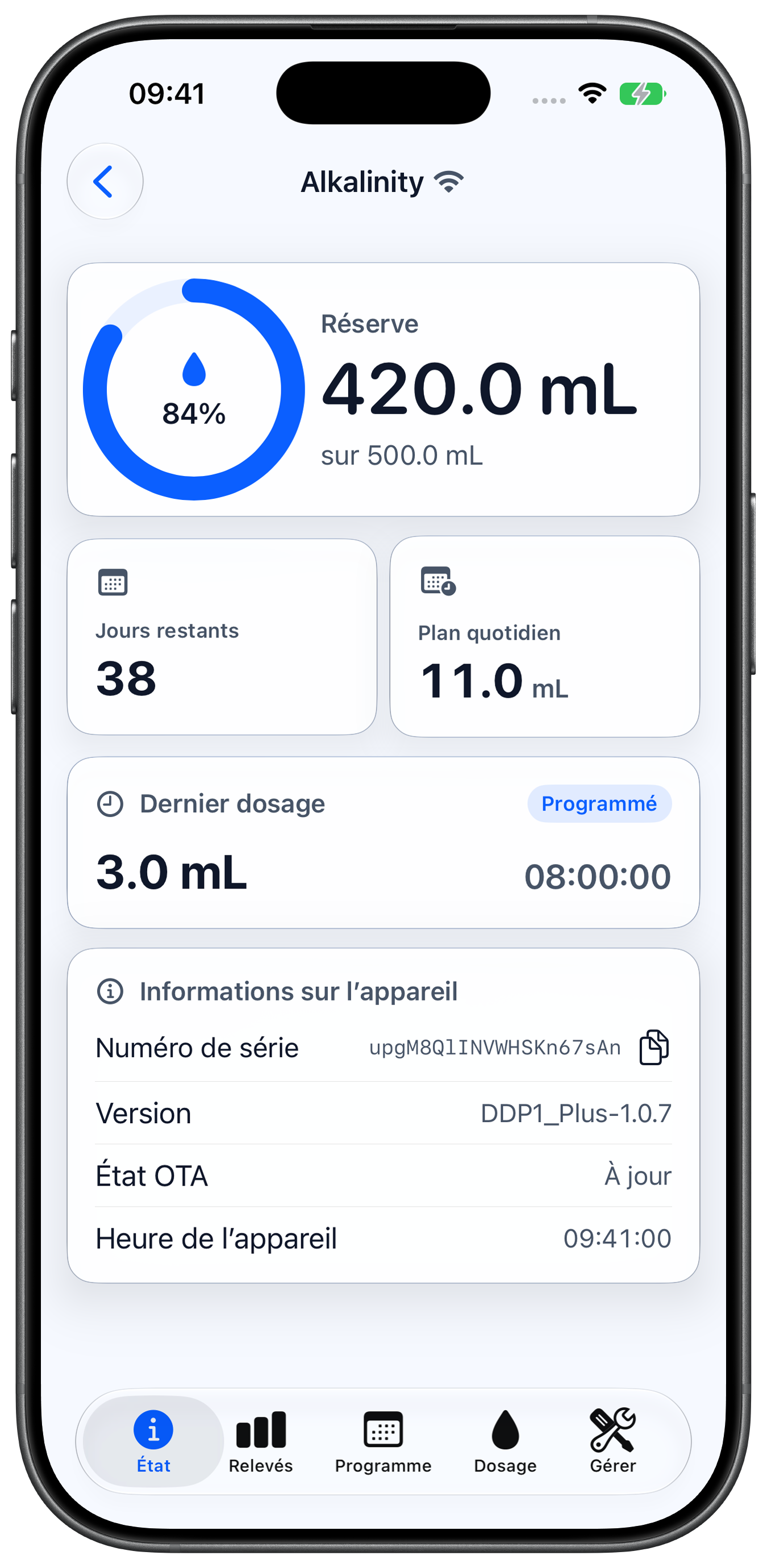 Tableau de bord de la pompe Alkalinity dans Rheon