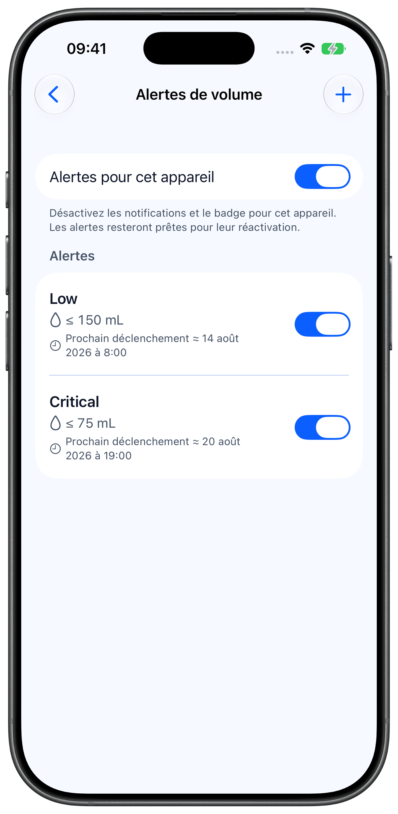Alertes de volume faible et critique configurées dans Rheon
