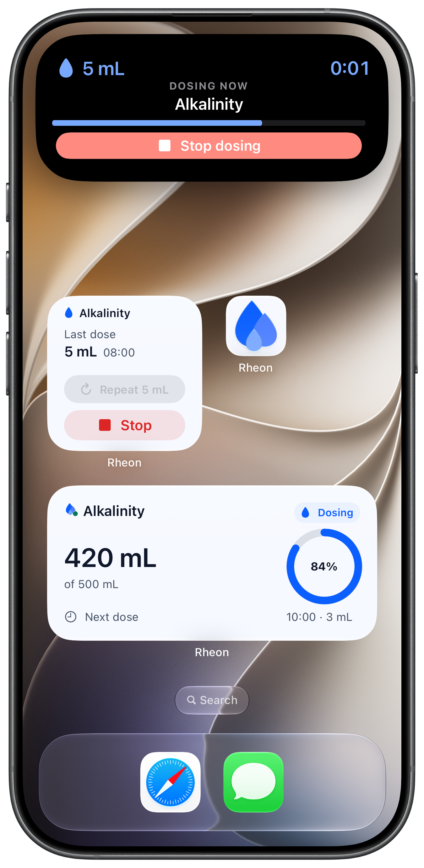 Rheon Quick Dose and Reservoir widgets on the iPhone Home Screen