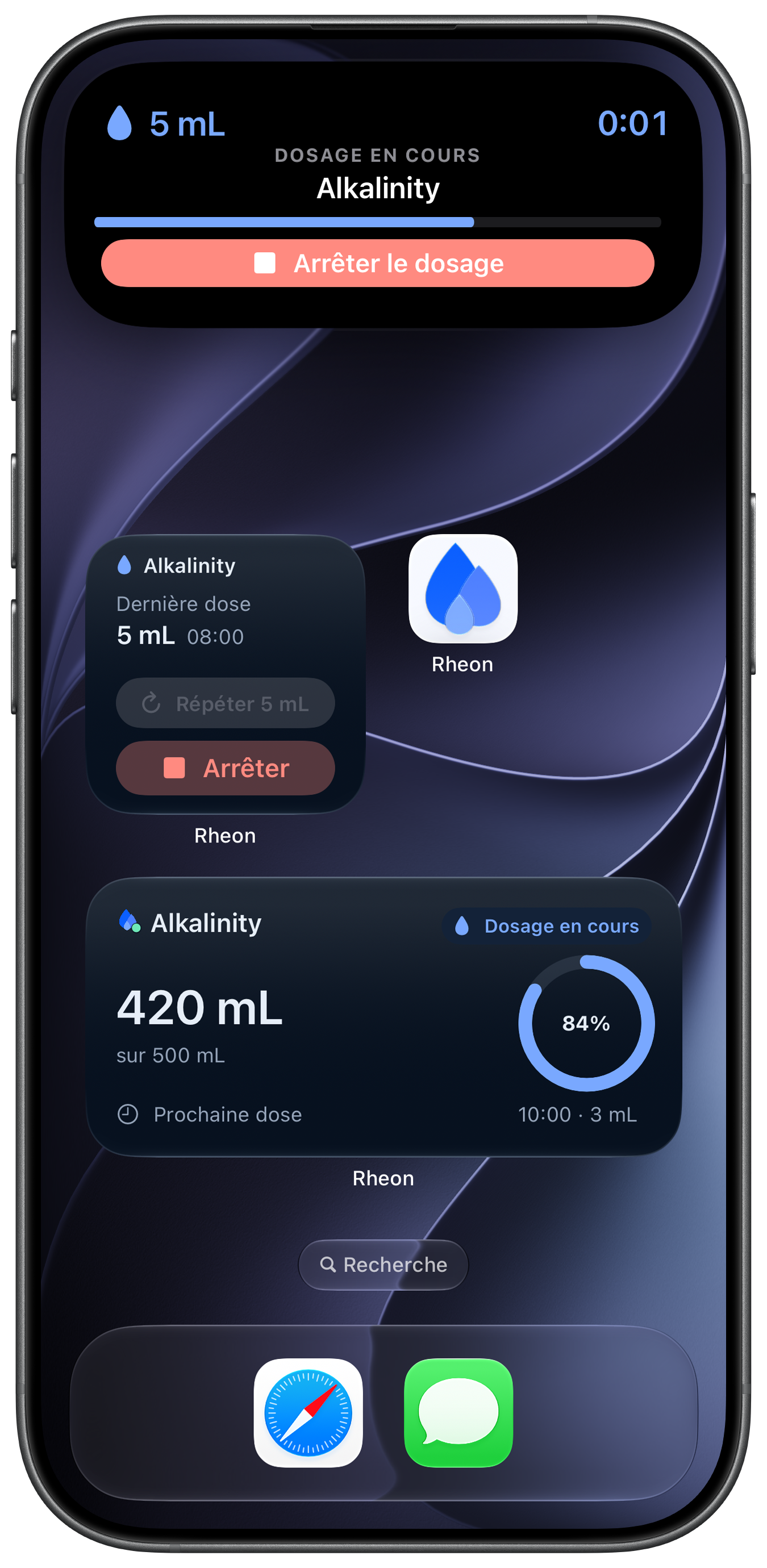 Widgets Rheon sur l’écran d’accueil en mode sombre