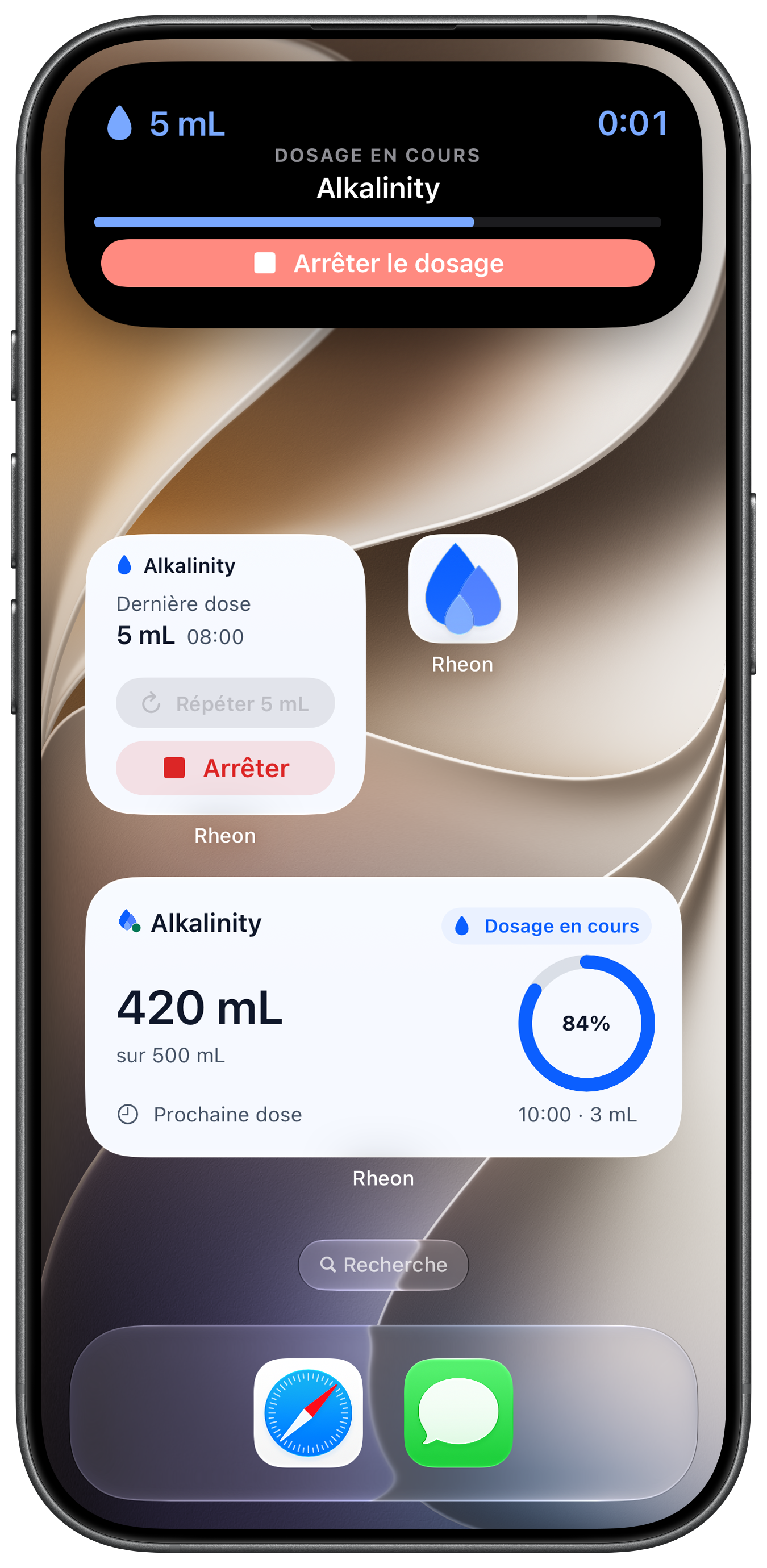 Widgets Dose rapide et Réservoir de Rheon sur l’écran d’accueil